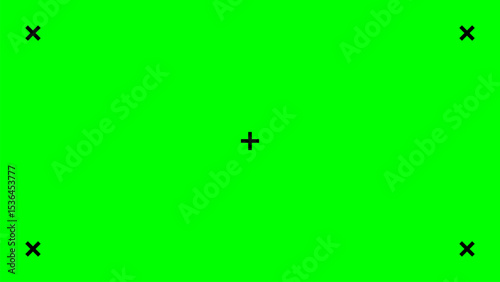 Vibrant green screen background with clear black tracking markers, ready for professional chroma keying. Ideal for video editing, visual effects, or replacing digital content in post production
