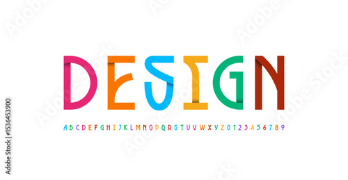 Art modern font alphabet made bright style, uppercase letters A to Z and numerals 0 to 9, vector illustration 10EPS.