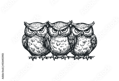 Three detailed sketch owls standing side by side illustration. Vector retro hand drawn illustration