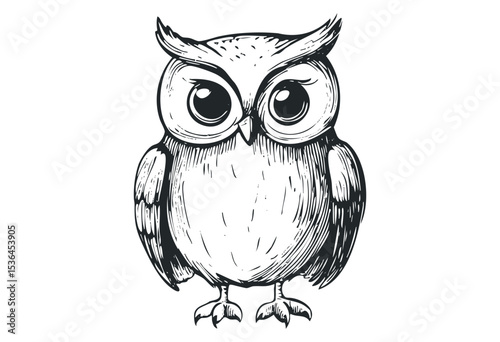 Detailed hand-drawn sketch of an owl with large eyes. Vector retro hand drawn illustration