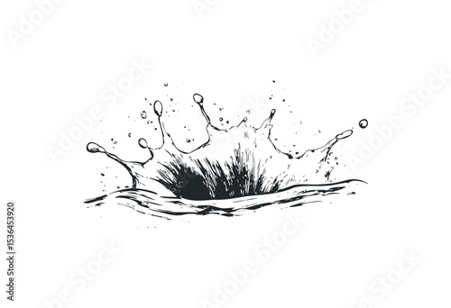 Dynamic water splash sketch with spreading droplets. Vector retro hand drawn illustration