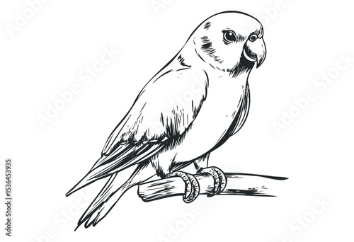 Detailed sketch of a parrot perched on a branch. Vector retro hand drawn illustration