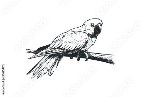 Detailed black and white parrot sketch on branch. Vector retro hand drawn illustration