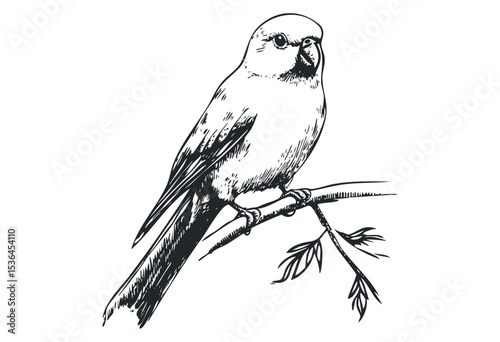 Detailed parrot sketch on branch captures intricate feathers and poised stance. Vector retro hand drawn illustration
