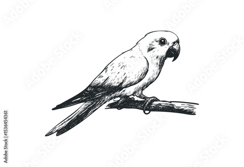 Detailed sketch of a parrot perched on a branch in black and white. Vector retro hand drawn illustration