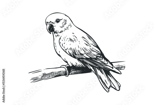 Detailed parrot illustration perched on a branch. Vector retro hand drawn illustration