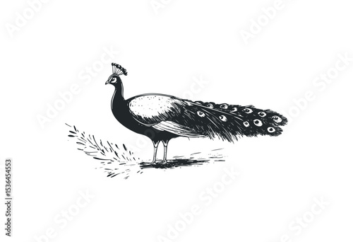 Black and white peacock illustration with detailed feathers. Vector retro hand drawn illustration