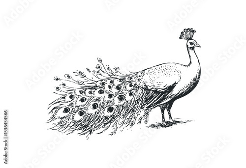 Elegant peacock sketch with detailed plumage and majestic pose. Vector retro hand drawn illustration