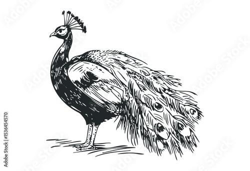 Intricate black and white sketch of a peacock with elegant plumage. Vector retro hand drawn illustration