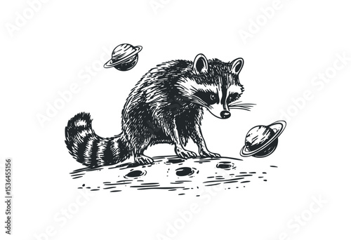 Raccoon exploring planets in space-themed illustration. Vector retro hand drawn illustration