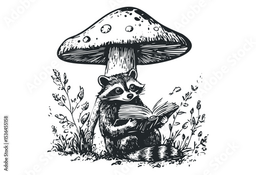 Illustrated raccoon reading under mushroom with forest plants. Vector retro hand drawn illustration