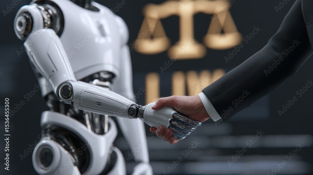 Fototapeta premium Futuristic AI robot and human shaking hands in front of a screen displaying ethical guidelines and legal frameworks, cooperation between humans and machines concept, clean background, editorial use