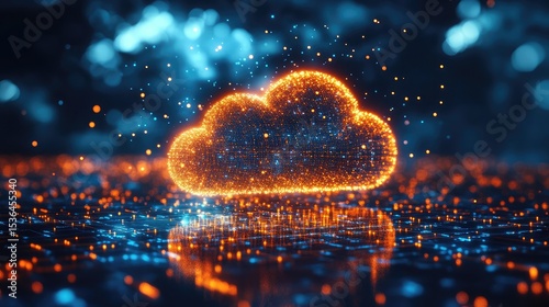 Glowing orange cloud surrounded by blue and orange lights on a reflective surface in the dark