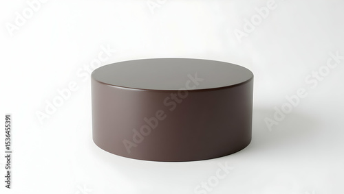 Chocolate Dark chocolate cylinder pedestal with beveled top edge, positioned centrally on seamless white background, soft diffused light and shadow (3)