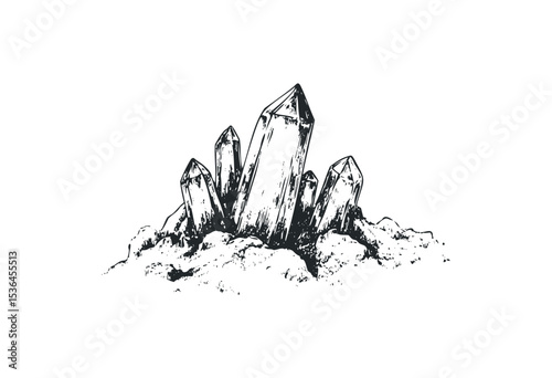 Detailed pencil drawing of quartz crystals emerging from ground. Vector retro hand drawn illustration