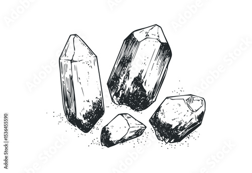 Hand-drawn clear quartz crystals in various shapes and sizes. Vector retro hand drawn illustration