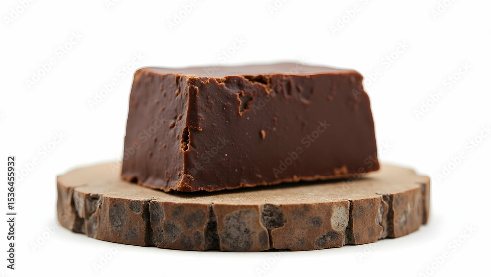 Chocolate A rough-textured raw cacao block rests on a coarse stone pedestal, isolated on a white background Chocolate A rough-textured raw cacao block rests on a coarse stone pedestal, isolated on a white background