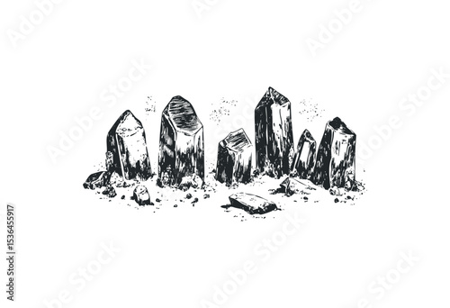 Detailed sketch of geometric rock crystals in a natural arrangement. Vector retro hand drawn illustration