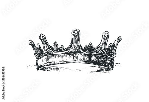 Detailed vintage-style crown sketch with ornate jewels and elegant design. Vector retro hand drawn illustration