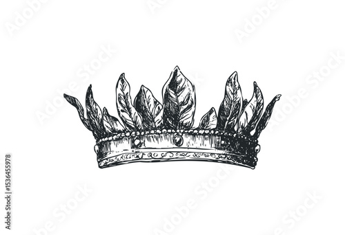 Hand-drawn ornate crown with leaf design. Vector retro hand drawn illustration