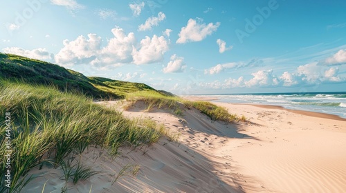 Grass covered sand dunes near the coast, wind-swept look