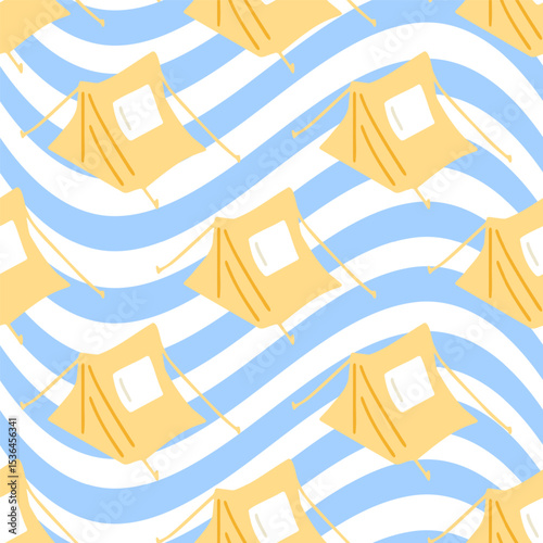 Seamless Camping Tent Summer Pattern. Seamless pattern with yellow camping tents on wavy blue and white background. Flat cartoon style with summer outdoor travel theme.