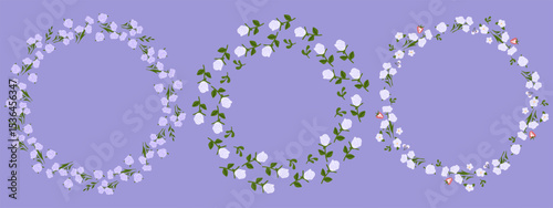 Pastel Floral Wreath Frame Set. Set of three floral wreaths made of pale lilac roses and green leaves with additional berries and flowers. Flat cartoon style on purple background.