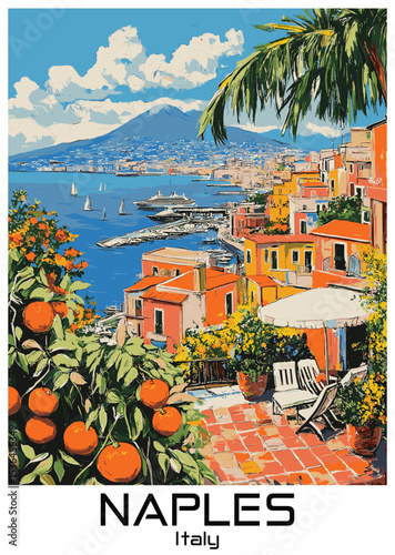 Naples Italy Vector Illustration with Sea and Vesuvius.