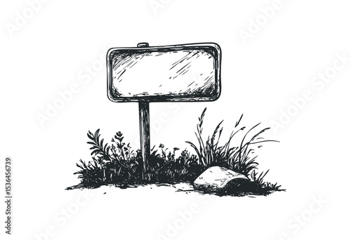 Rustic blank sign in nature with grass and rocks in sketch style. Vector retro hand drawn illustration