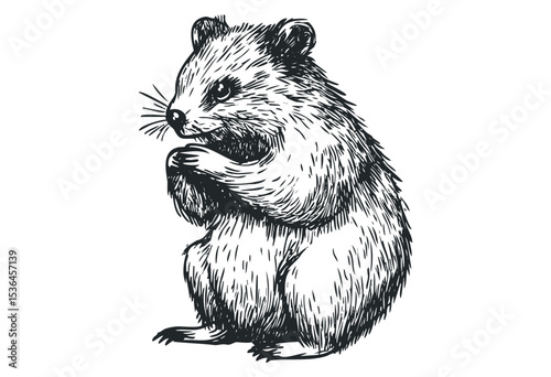 Detailed sketch of a hamster in black and white with intricate fur patterns. Vector retro hand drawn illustration