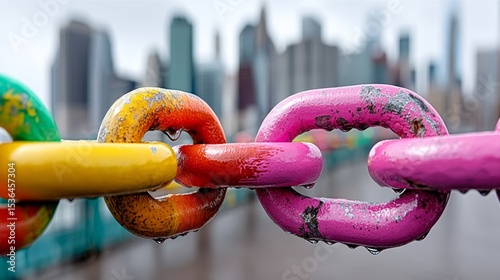 Chain of colorful links is suspended over a bridge. The chain is made up of different colored links, including red, yellow, and green