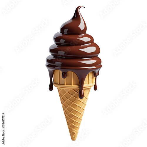 A chocolate ice cream cone with dripping chocolate topping it isolated on transparent background