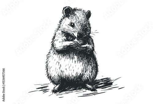Detailed sketch of a standing hamster eating. Vector retro hand drawn illustration