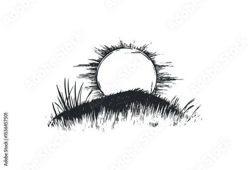 Artistic sun rising over hill with grass in black and white illustration. Vector retro hand drawn illustration