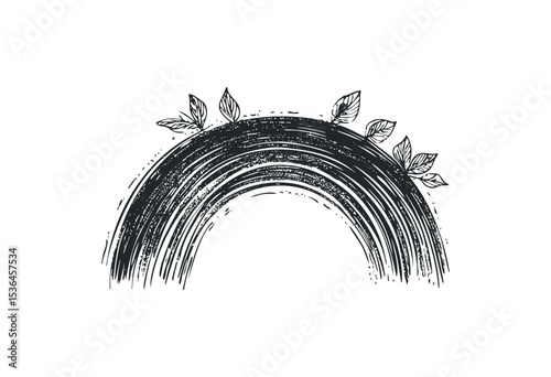 Artistic grunge styled rainbow with leaves sketch. Vector retro hand drawn illustration