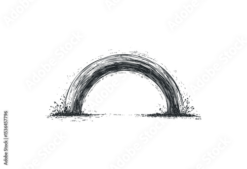 Monochrome sketch of a rainbow arc with grass detailing on both ends. Vector retro hand drawn illustration