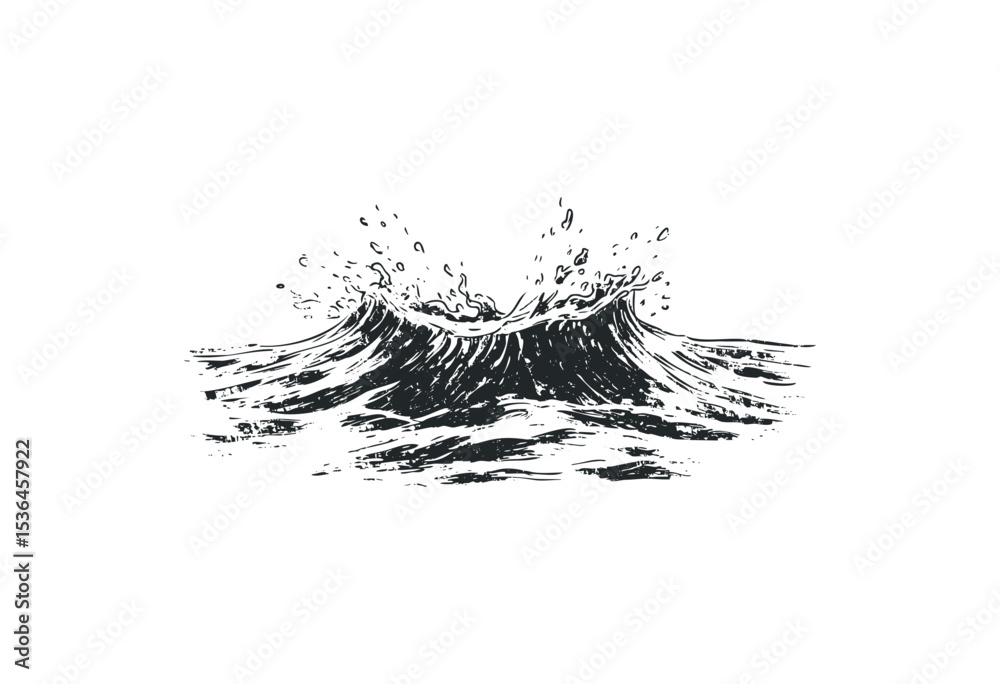 Fototapeta premium Detailed engraving of ocean wave splash with texture and motion. Vector retro hand drawn illustration