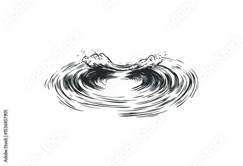 Ink splash ripples creating artistic water effect in motion. Vector retro hand drawn illustration