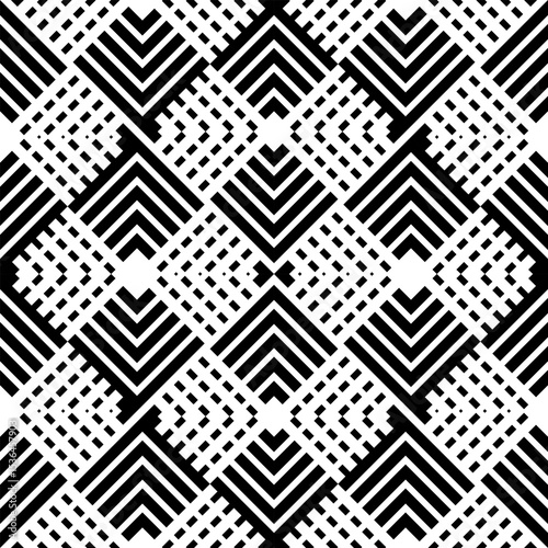Bold seamless pattern featuring a complex geometric design with black and white lines, squares, and chevron motifs. Ideal for modern textiles, abstract backgrounds, or digital art