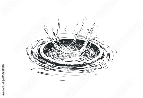 Splashing water with circular ripples in motion. Vector retro hand drawn illustration