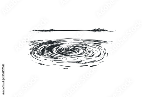Circular water ripples on calm pond surface. Vector retro hand drawn illustration