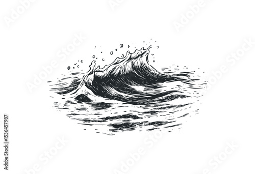 Artistic wave illustration capturing dynamic ocean movement in detailed style. Vector retro hand drawn illustration
