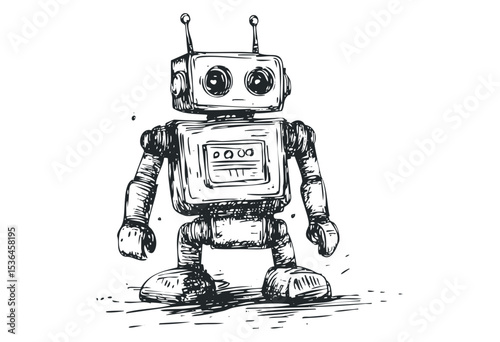 Sketched robot with antennas and blocky features. Vector retro hand drawn illustration