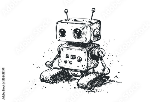 Vintage sketch of a cute toy robot with antenna and buttons in black and white. Vector retro hand drawn illustration