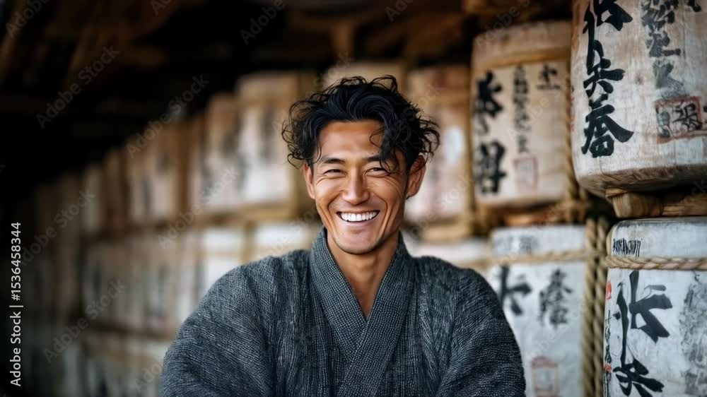 A 30s Japanese sake brewer stands before blurred traditional sake barrels, showcasing textured straw wrapping and kanji labels, highlighting heritage and craftsmanship. 4K video footage.