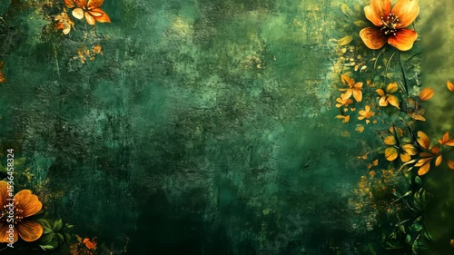 Dark teal textured background adorned with vibrant orange flowers in corners