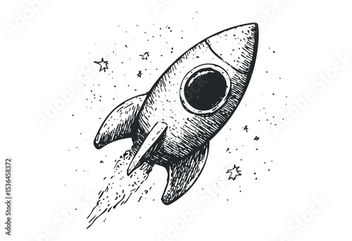 Hand-drawn sketch of a vintage rocket in space with stars. Vector retro hand drawn illustration