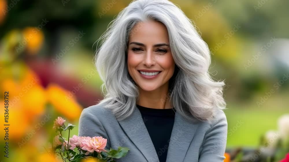 A smiling woman with long, gray hair is holding flowers, surrounded by a vibrant garden. A smiling woman with long, gray hair is holding flowers, surrounded by a vibrant garden.