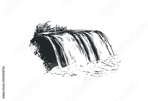 Hand-drawn cascading waterfall with splashing water. Vector retro hand drawn illustration