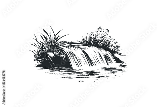 Serene waterfall sketch with flowing water and lush vegetation. Vector retro hand drawn illustration